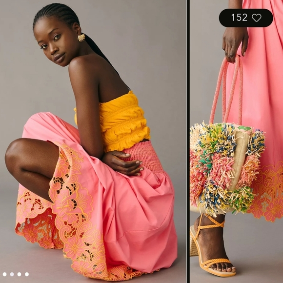 Anthropologie Dresses & Skirts - Anthropologie Smocked Waist Embroidered Cutwork Hem Maxi Skirt XL Tropical Vacay